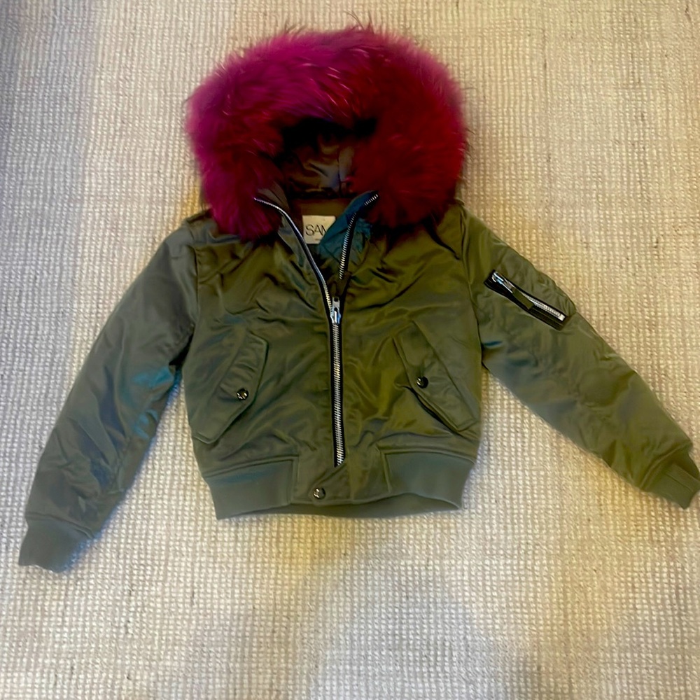 SAM Army green bomber coat with genuine fox fur hood in hot pink size 10